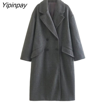 Yipinpay Elegant Ladies Loose Woolen Coat 2023 Winter Simple Double Breasted Long Sleeve Outwear Warm Basic Female Fashion Overcoat